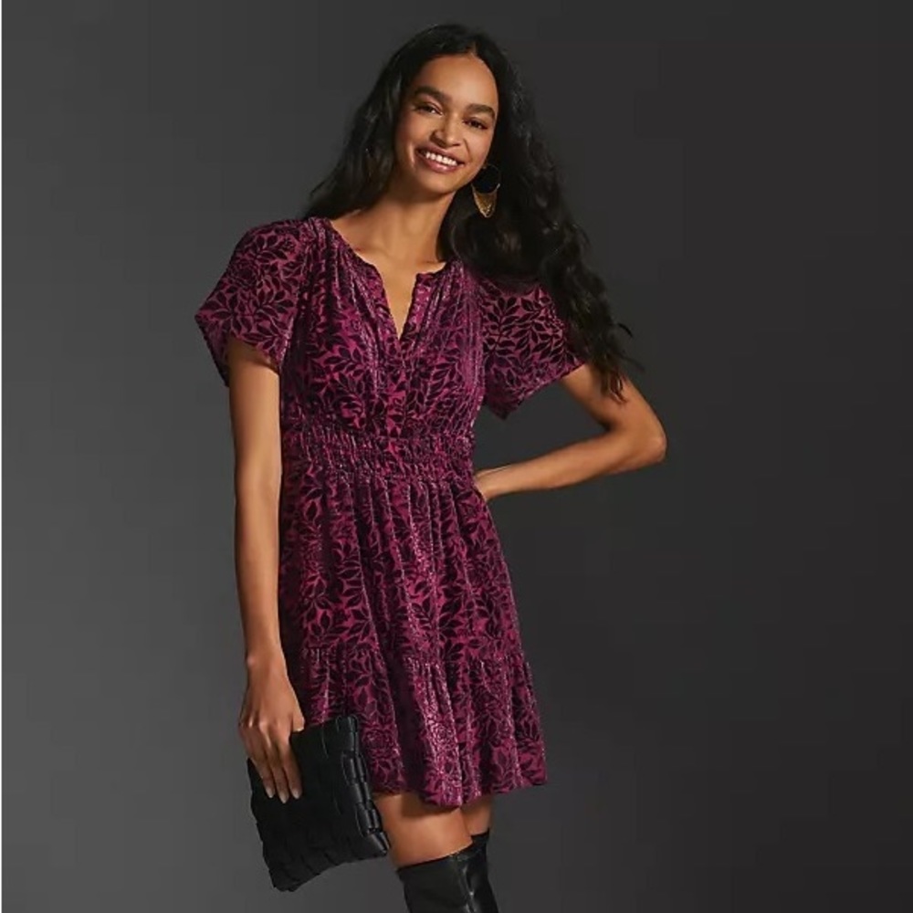 Anthropologie Somerset Burnout Velvet Mini Dress, Red Pink size Small Petite